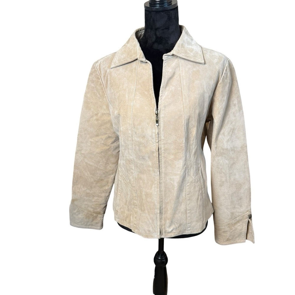 AMI Womens Genuine Suede Leather Jacket Large Tan Full Zip Pockets Lined Neutral